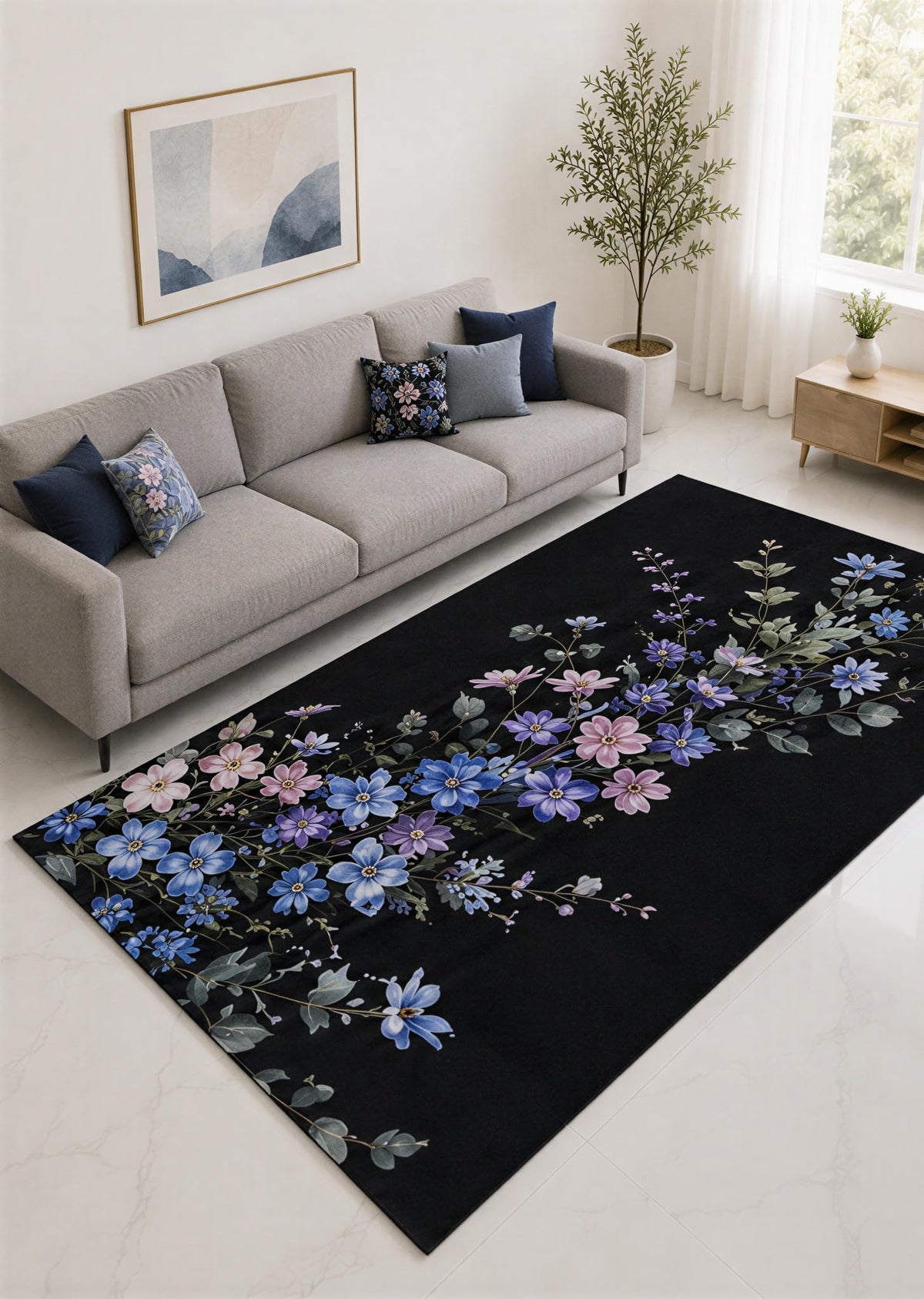 ICE ARMOR "Ultra Lightweight Large 6'7" x 9'10" Blue and Lilac Botanical Flower Trail Area Rug for Living Room, Bedroom and Home Office, Soft Low Pile Carpet with Non-Slip Silicone Backing