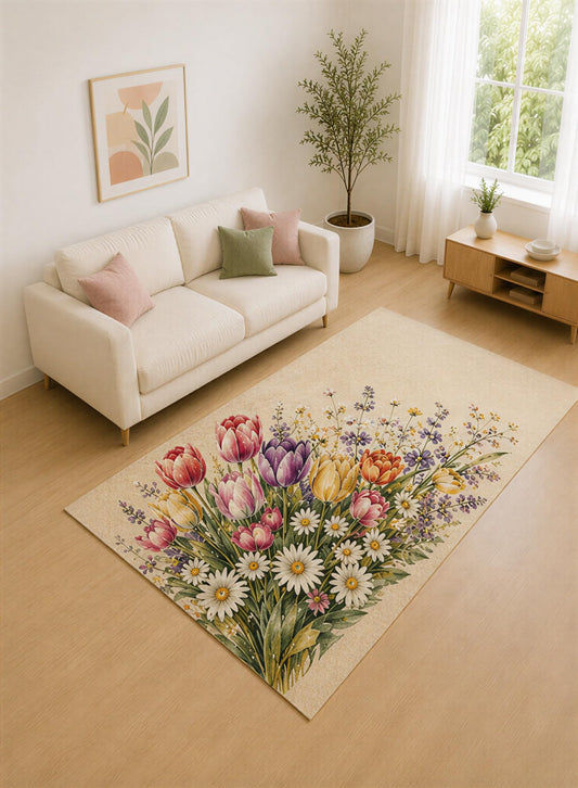 ICE ARMOR "Ultra Lightweight 5' x 7' Pink and Yellow Tulip Daisy Bouquet Area Rug for Living Room, Bedroom and Home Office, Soft Low Pile Carpet with Non-Slip Silicone Backing