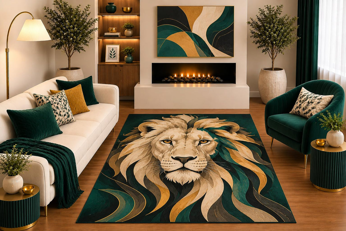 ICE ARMOR "Ultra Light Weight 5' x 7' Lion Area Rug Modern Abstract Wildlife Portrait Art Emerald Green Gold Beige for Living Room Bedroom Office Decor Non-Slip Silicone Backing Low Pile