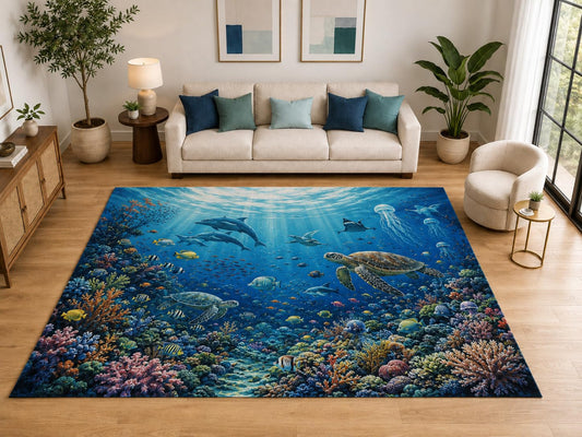 ICE ARMOR "Ultra Light Weight Large 6'7" x 9'10" Dolphin Turtle Reef Rug for Kids Room, Soft Low Pile Indoor Rug and Non-Slip Silicone Backing, Blue