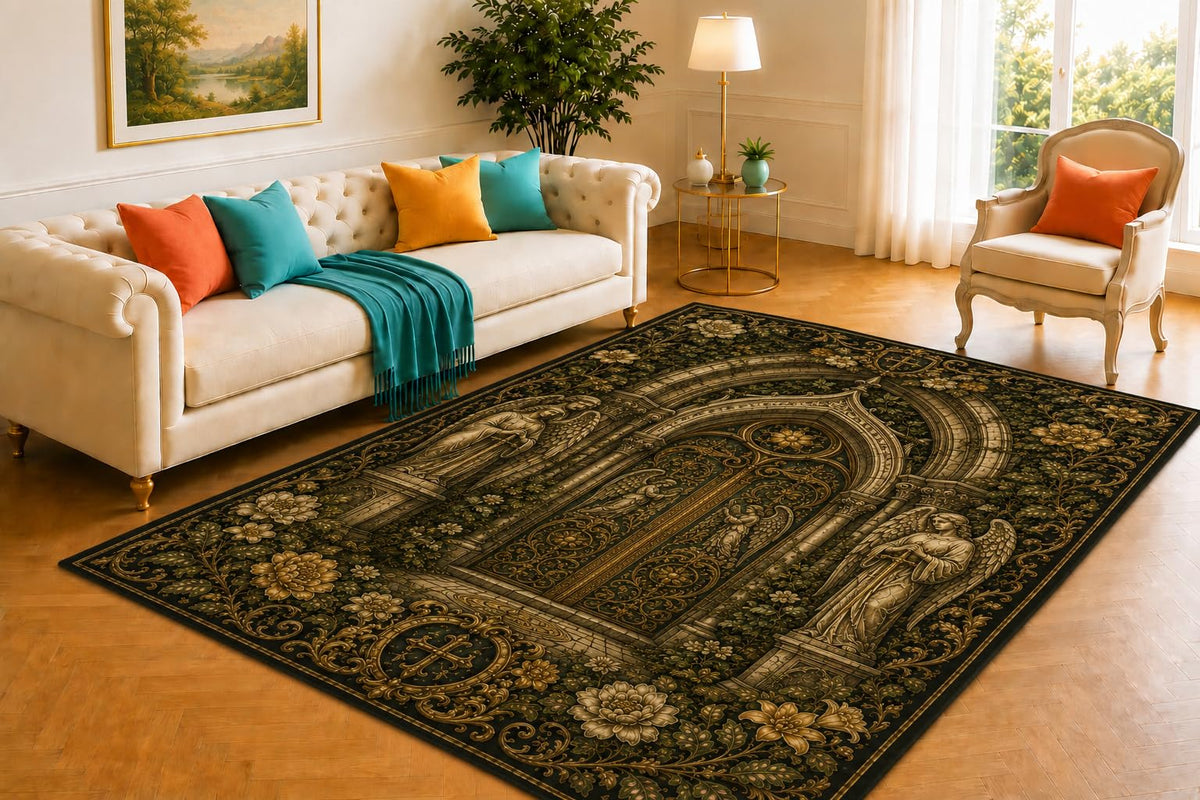 ICE ARMOR 5' x 7' Angelic Cathedral Door Rug, Stone Archway, Guardian Statues and Floral Design, Smooth Printed Floor Cover for Bedroom, Hallway, Library and Gothic Home Decor