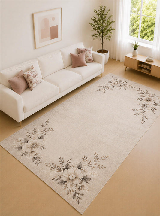 ICE ARMOR "Ultra Lightweight Large 6'7" x 9'10" Beige and Taupe Neutral Flower Corner Area Rug for Living Room, Bedroom and Home Office, Soft Low Pile Carpet with Non-Slip Silicone Backing