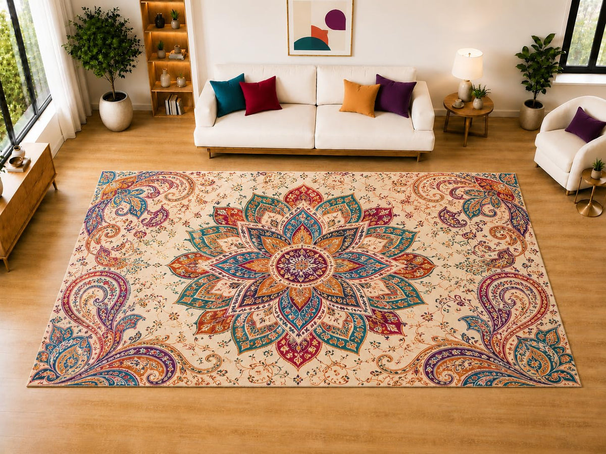 ICE ARMOR "Ultra Light Weight Large 6'7" x 9'10" Bohemian Paisley Lotus Area Rug for Living Room, Bedroom, Dining Room, Soft Low Pile Non-Slip Backing, Teal Rust Plum