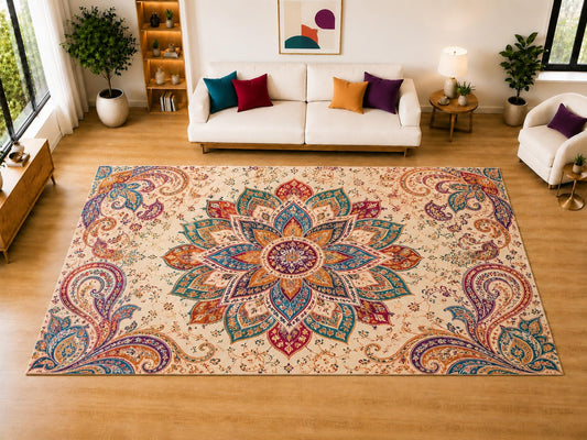 ICE ARMOR "Ultra Light Weight Large 6'7" x 9'10" Bohemian Paisley Lotus Area Rug for Living Room, Bedroom, Dining Room, Soft Low Pile Non-Slip Backing, Teal Rust Plum