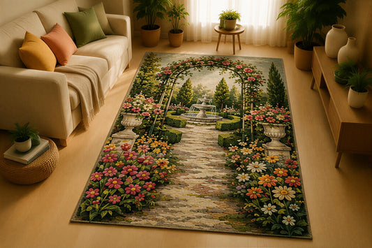 ICE ARMOR 5' x 7' Vintage Floral Meadow Area Rug for Living Room, Soft Low Pile Indoor Rug with Non-Slip Silicone Backing, Decorative Carpet for Bedroom, Nursery, Office, Kids & Pets,