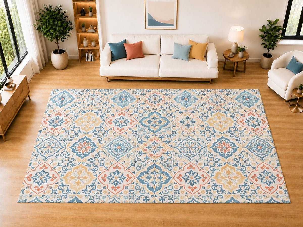 ICE ARMOR "Ultra Light Weight Large 6'7 x 9'10 Mediterranean Floral Tile Area Rug for Living Room, Dining Room, and Bedroom, Soft Low Pile Indoor Rug, Decorative Floor Accent