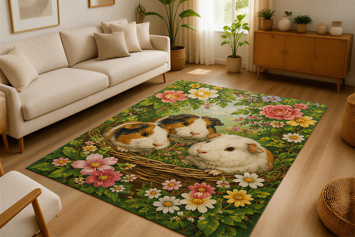 ICE ARMOR 5' x 7' Guinea Pig Floral Garden Area Rug Soft Low Pile Indoor Rug with Non Slip Silicone Backing Small Animal Decor Carpet for Living Room Bedroom Nursery Kids Room Kids and Pets Green