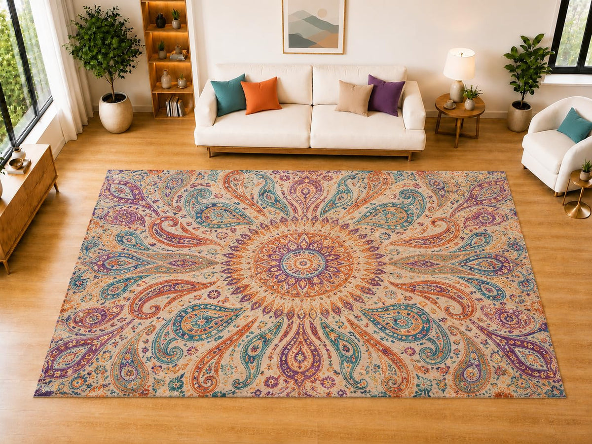 ICE ARMOR "Ultra Light Weight Large 6'7" x 9'10" Radiant Paisley Medallion Area Rug for Living Room, Bedroom, Dining Room, Soft Low Pile Non-Slip Backing, Orange Teal Purple