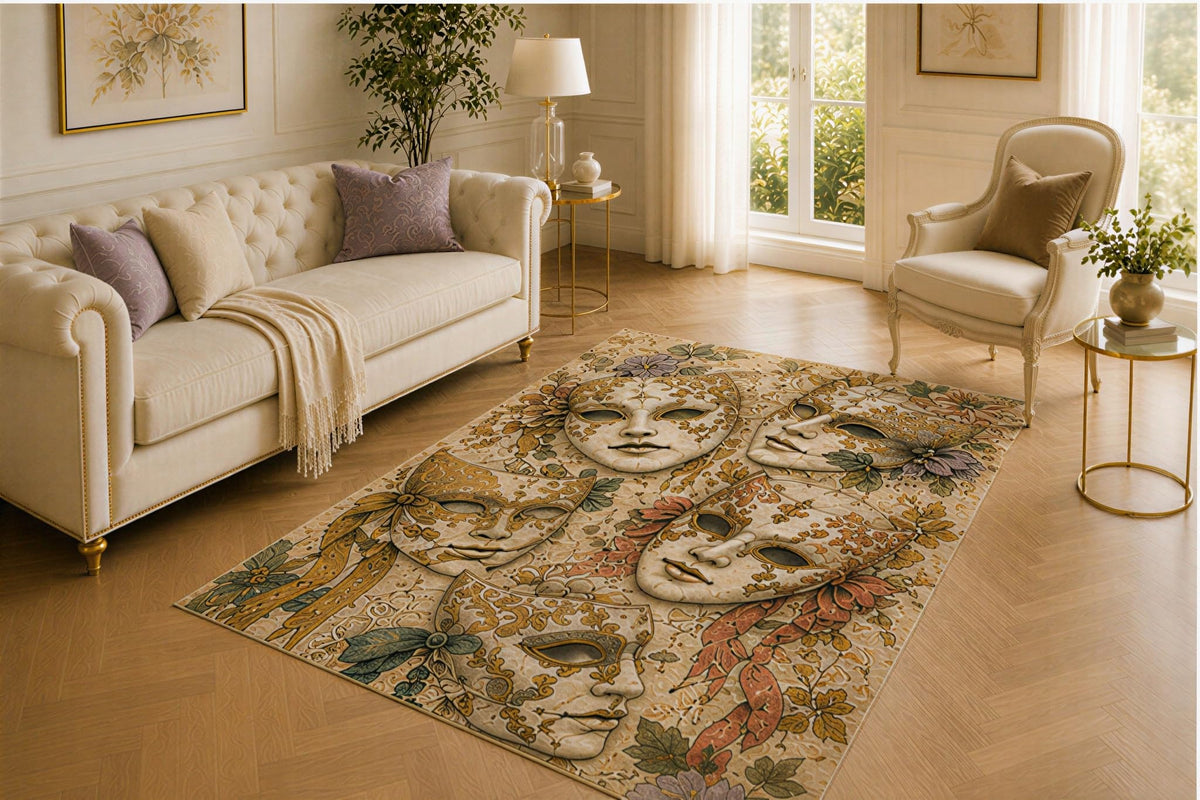 ICE ARMOR 5' x 7' Masquerade Mask Rug, Autumn Leaf and Venetian Festival Artwork, Smooth Printed Floor Cover for Lounge, Bedroom, Foyer and Elegant Decor