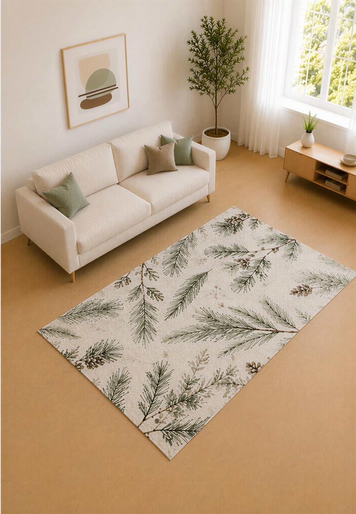 ICE ARMOR 5' x 7' Forest Green and Cream Pine Scatter Area Rug for Living Room, Soft Low Pile Carpet with Non-Slip Silicone Backing, Decor for Bedroom and Home Office