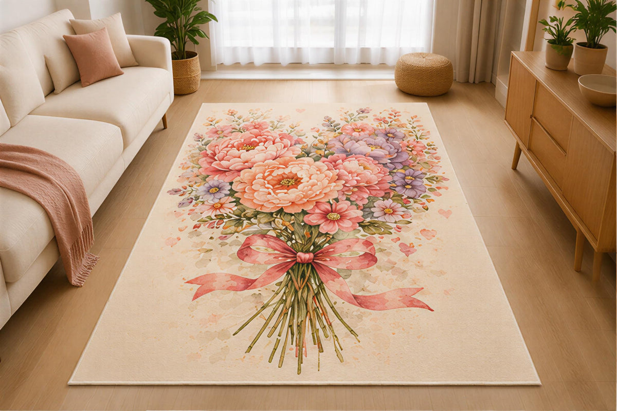 ICE ARMOR 5' x 7' Peony Bouquet Area Rug for Living Room, Soft Low Pile Indoor Rug with Non-Slip Silicone Backing, Floral Carpet for Bedroom, Dining Room, Office, Family Room, Cream Pink