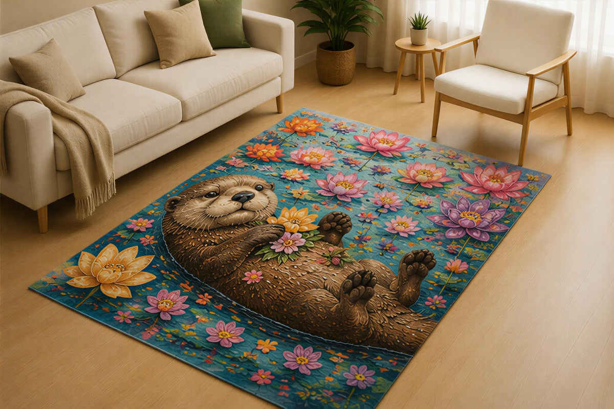 ICE ARMOR 5' x 7' Sea Otter Water Lily Area Rug for Living Room, Soft Low Pile Indoor Rug with Non-Slip Silicone Backing, Coastal Nature Carpet for Bedroom, Family Room, Kids & Pets, Blue Brown