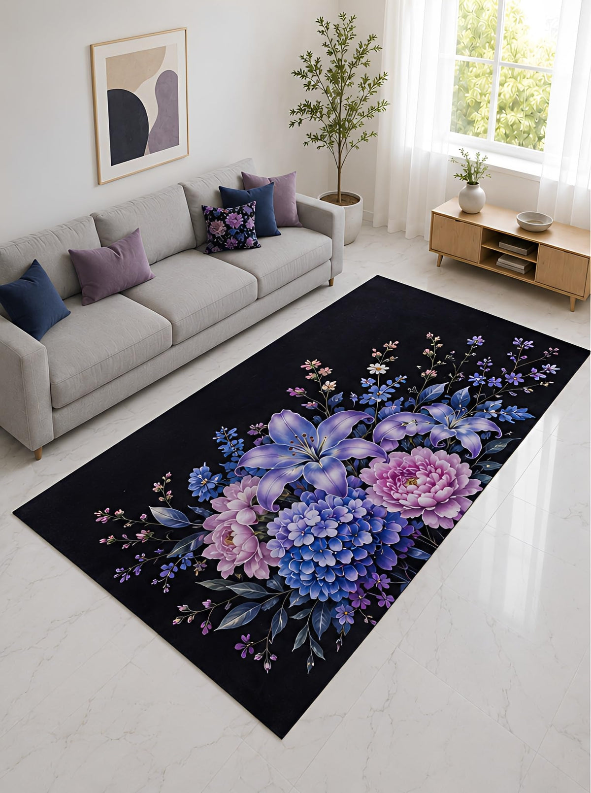 ICE ARMOR "Ultra Lightweight Large 6'7" x 9'10" Purple and Blue Lily Hydrangea Bouquet Area Rug for Living Room, Bedroom and Home Office, Soft Low Pile Carpet with Non-Slip Silicone Backing