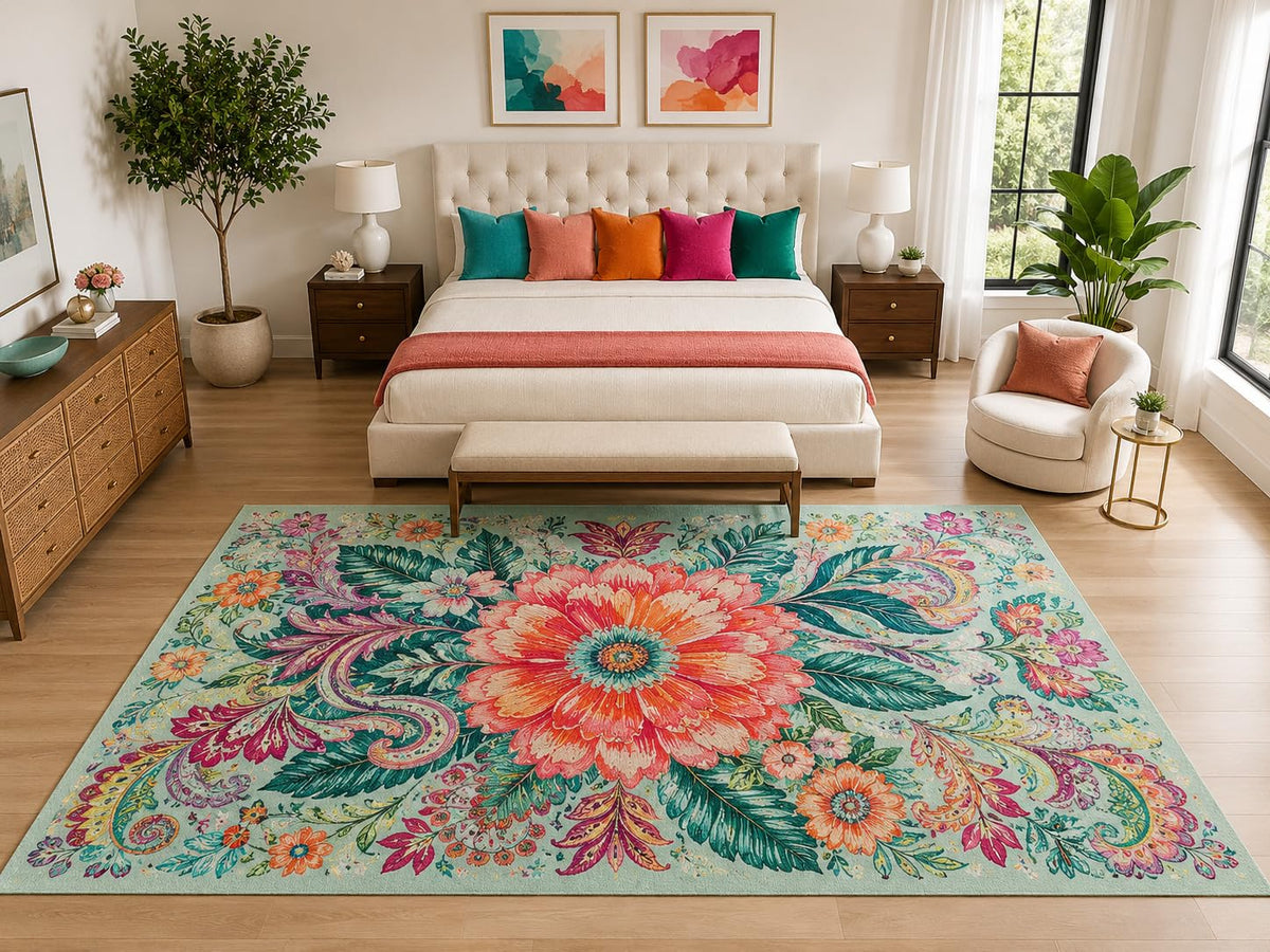 ICE ARMOR "Ultra Light Weight Large 6'7" x 9'10" Tropical Floral Rug, Soft Low Pile Indoor Rug, Non-Slip Silicone Backing for Living Room Mint