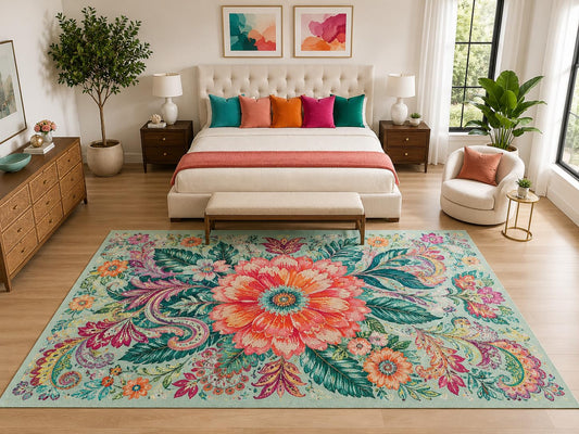 ICE ARMOR "Ultra Light Weight Large 6'7" x 9'10" Tropical Floral Rug, Soft Low Pile Indoor Rug, Non-Slip Silicone Backing for Living Room Mint