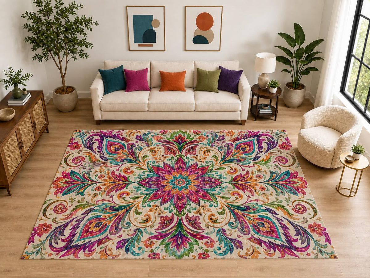 ICE ARMOR "Ultra Light Weight Large 6'7" x 9'10" Boho Floral Paisley Rug, Soft Low Pile Indoor Rug, Non-Slip Silicone Backing for Living Room Beige