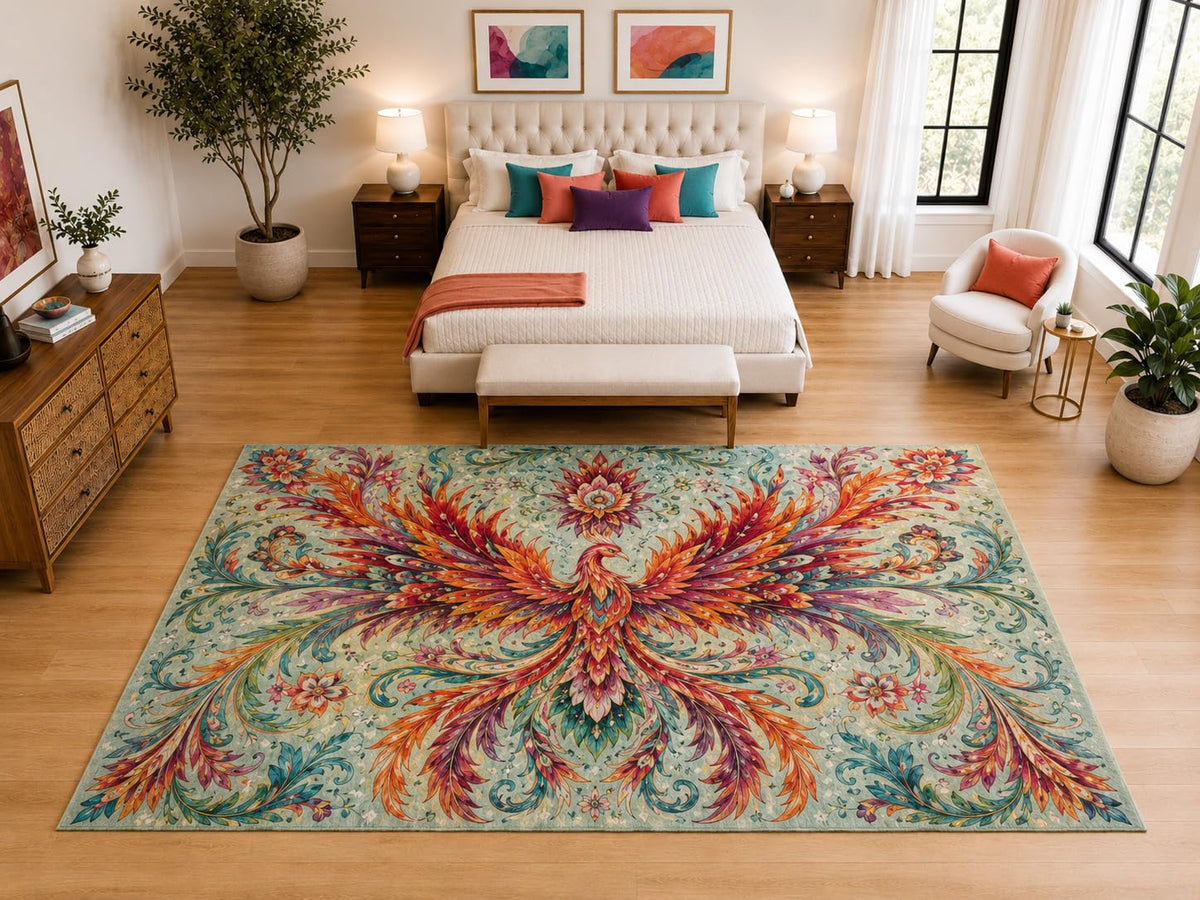 ICE ARMOR "Ultra Light Weight Large 6'7" x 9'10" Phoenix Floral Rug, Soft Low Pile Indoor Rug, Non-Slip Silicone Backing for Bedroom Teal