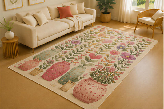 ICE ARMOR 5' x 7' Vintage Floral Vase Garden Area Rug for Living Room, Soft Low Pile Indoor Rug with Non-Slip Silicone Backing, Botanical Carpet for Bedroom, Dining Room, Office, Family Room