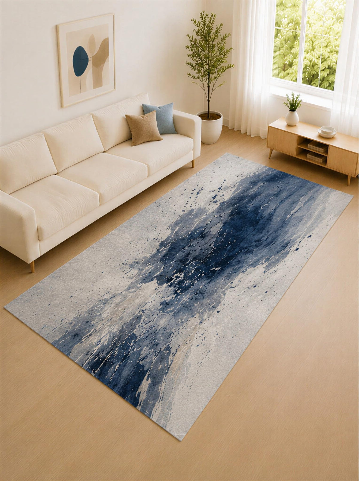 ICE ARMOR Large 6'7" x 9'10" Navy Blue and Light Gray Ink Splash Area Rug for Living Room, Soft Low Pile Carpet with Non-Slip Silicone Backing, Decor for Bedroom and Home Office