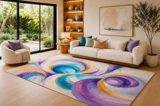 ICE ARMOR 6'7" x 9'10" Vibrant Circular Swirls Area Rug for Living Room, Soft Low Pile Indoor Carpet with Non-Slip Silicone Backing, Floor Accent for Bedroom, Dining Area and Home Office, Multicolored