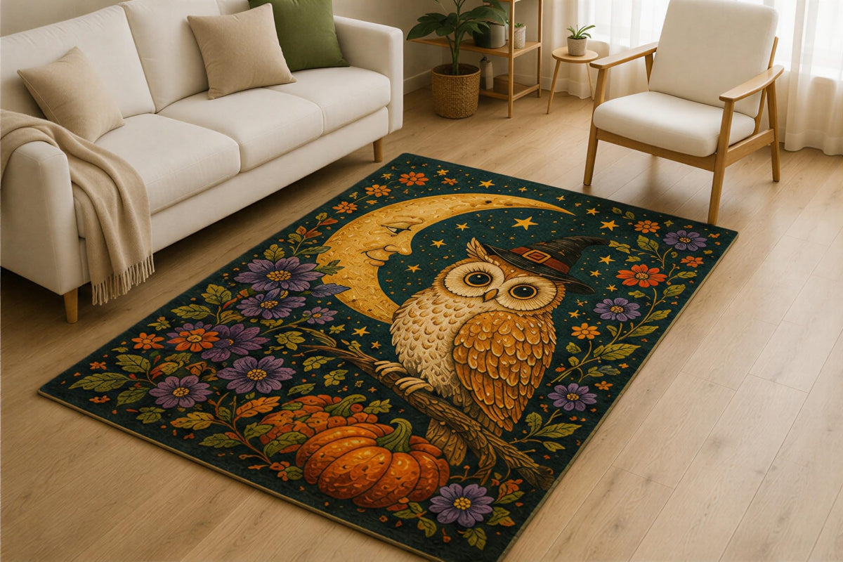 ICE ARMOR 5' x 7' Witch Owl Moon Area Rug for Living Room, Soft Low Pile Indoor Rug with Non-Slip Silicone Backing, Halloween Decorative Carpet for Bedroom, Family Room, Kids & Pets, Navy Orange