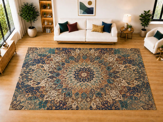 ICE ARMOR "Ultra Light Weight Large 6'7" x 9'10" Radiating Floral Area Rug for Living Room Bedroom Dining Room, Soft Low Pile Non-Slip Backing, Navy Teal Beige Brown Ornamental Decor