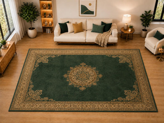 ICE ARMOR "Ultra Light Weight Large 6'7" x 9'10" Vintage Medallion Border Area Rug for Living Room, Bedroom, Dining Room, Soft Low Pile Non-Slip Backing, Dark Green