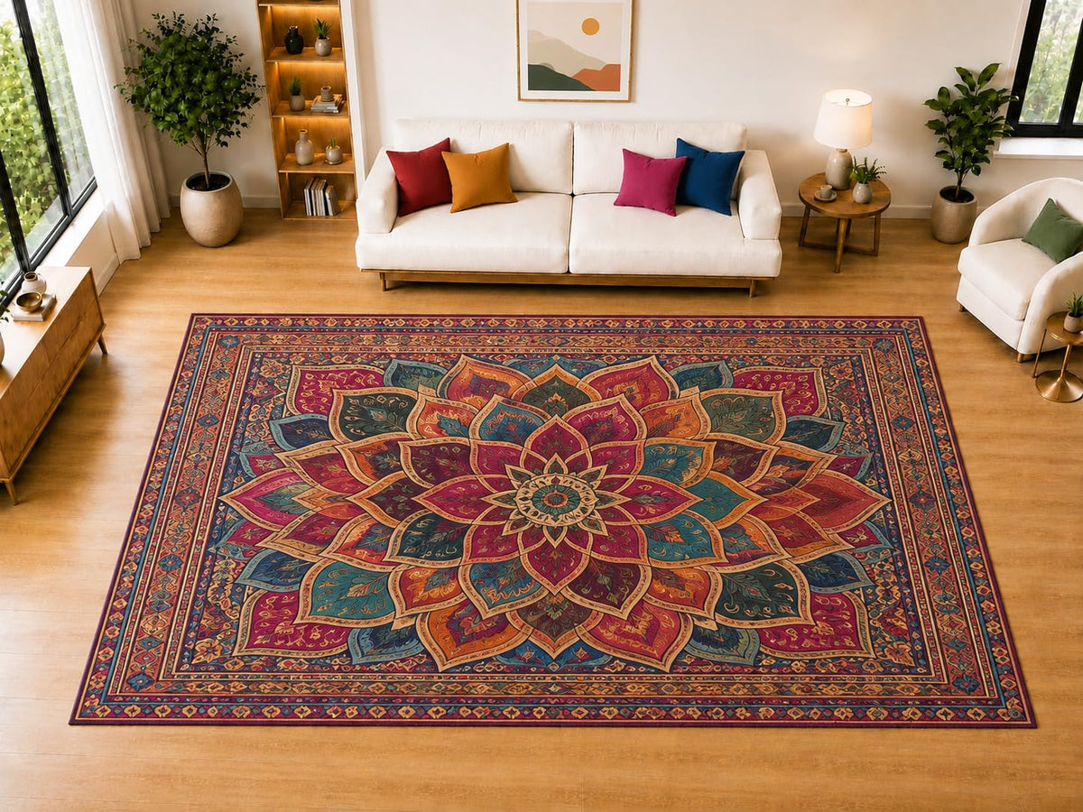 ICE ARMOR "Ultra Light Weight Large 6'7" x 9'10" Layered Lotus Border Area Rug for Living Room, Bedroom, Dining Room, Soft Low Pile Non-Slip Backing, Burgundy Teal Orange Navy