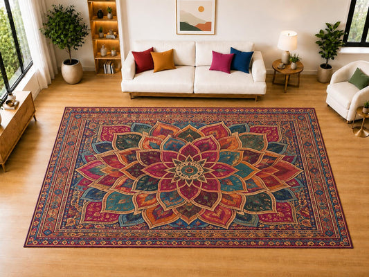 ICE ARMOR "Ultra Light Weight Large 6'7" x 9'10" Layered Lotus Border Area Rug for Living Room, Bedroom, Dining Room, Soft Low Pile Non-Slip Backing, Burgundy Teal Orange Navy
