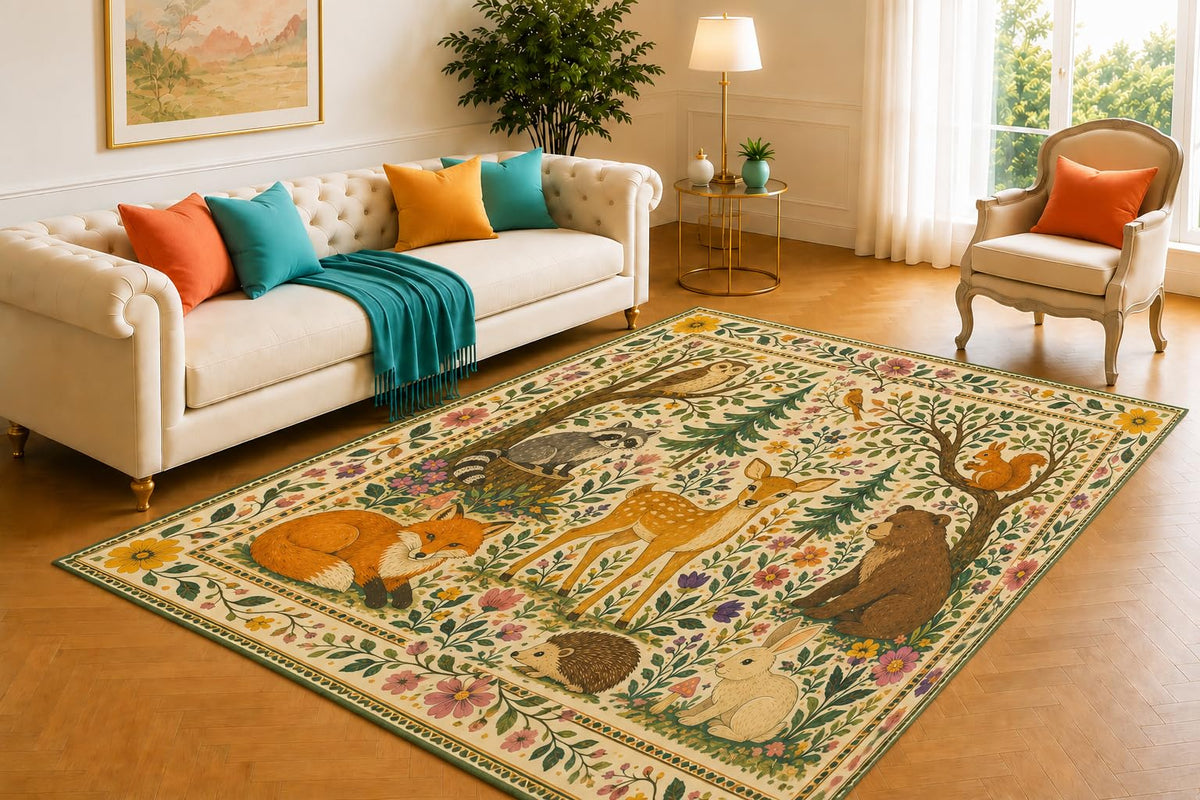 ICE ARMOR 5' x 7' Woodland Animal Tapestry Area Rug for Living Room, Soft Low Pile Floor Cover with Non-Slip Silicone Backing for Bedroom, Nursery, Office, Kids and Pets