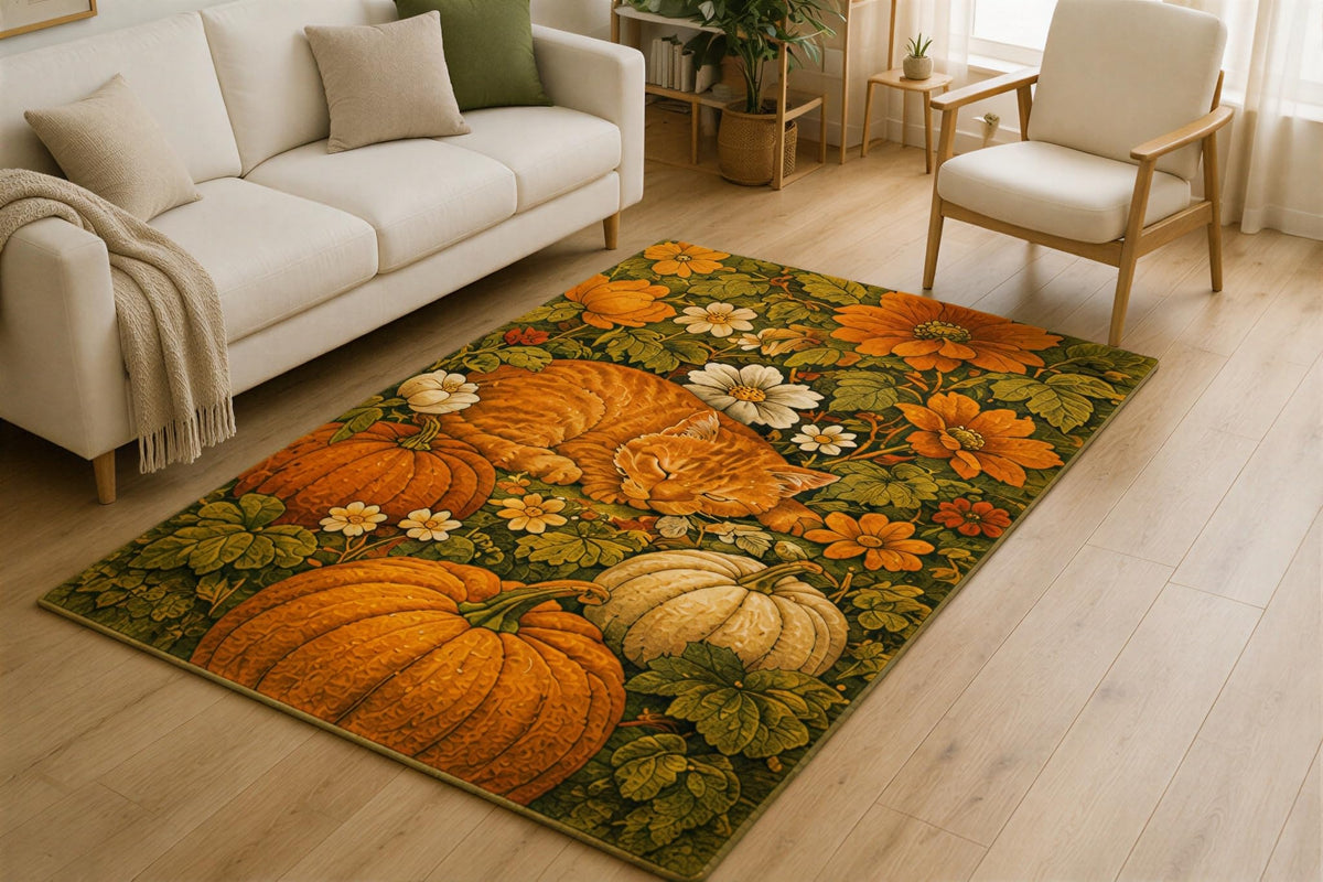 ICE ARMOR 5' x 7' Autumn Pumpkin Cat Area Rug for Living Room, Soft Low Pile Indoor Rug with Non-Slip Silicone Backing, Fall Harvest Carpet for Bedroom, Family Room, Kids & Pets, Orange Green