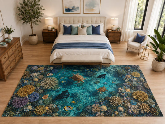 ICE ARMOR "Ultra Light Weight Large 6'7" x 9'10" Stingray Reef Rug for Bedroom, Soft Low Pile Indoor Rug and Non-Slip Silicone Backing, Teal Blue