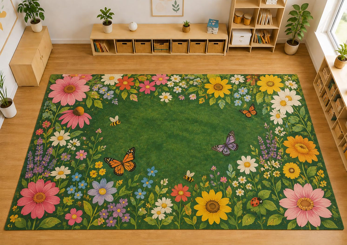 ICE ARMOR Large 6'7" x 9'10" Wildflower Butterfly Area Rug, Soft Low Pile Indoor Rug with Non-Slip Silicone Backing for Bedroom and Nursery, Green