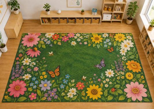 ICE ARMOR Large 6'7" x 9'10" Wildflower Butterfly Area Rug, Soft Low Pile Indoor Rug with Non-Slip Silicone Backing for Bedroom and Nursery, Green
