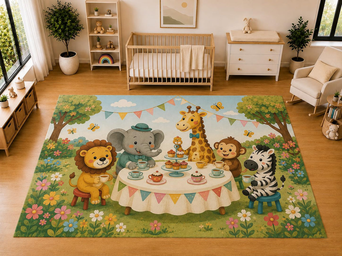ICE ARMOR "Ultra Light Weight Large 6'7 x 9'10 Safari Tea Party Animals Area Rug for Kids Room Nursery Playroom Soft Low Pile Indoor Carpet Cute Jungle Floor Decor