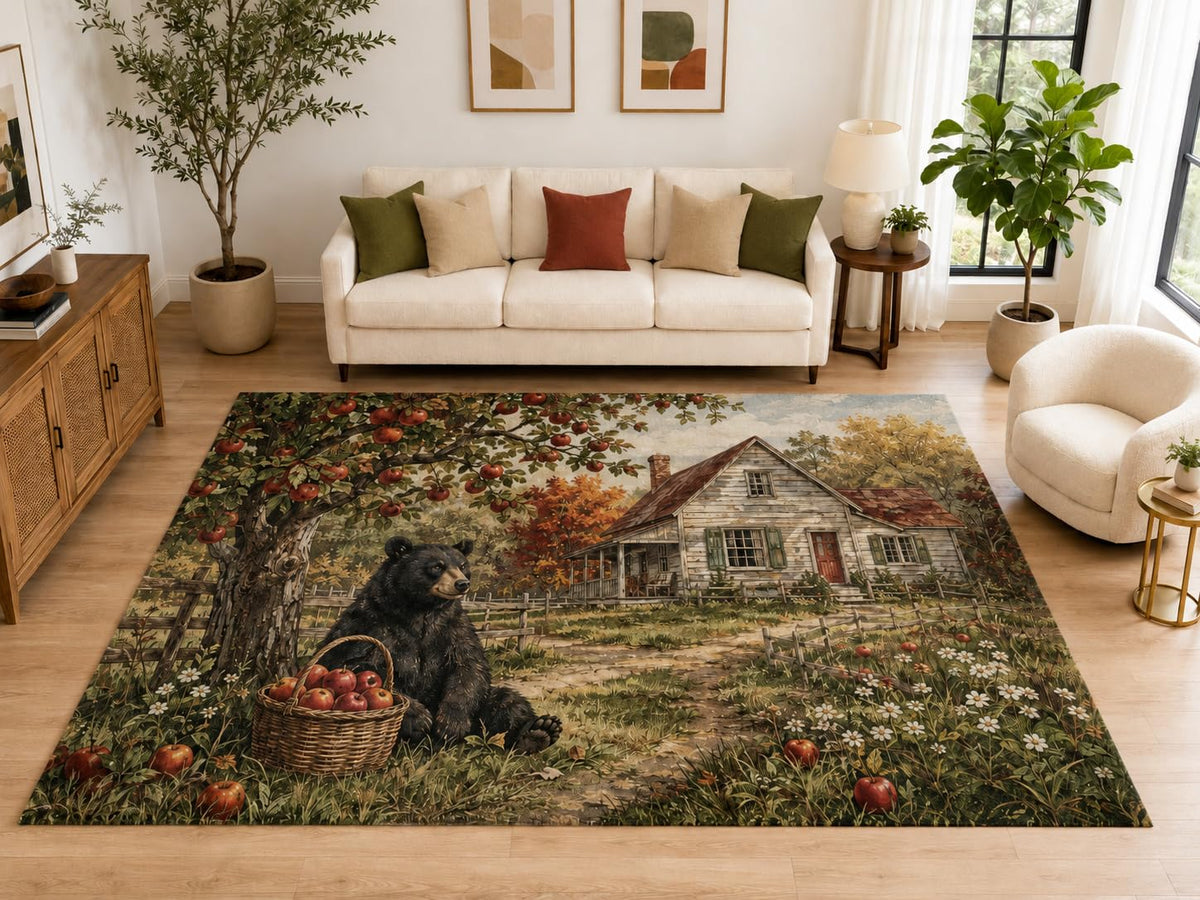 ICE ARMOR "Ultra Light Weight Large 6'7" x 9'10" Bear Apple Orchard Area Rug, Soft Low Pile Indoor Rug, Non-Slip Silicone Backing, Living Room, Brown