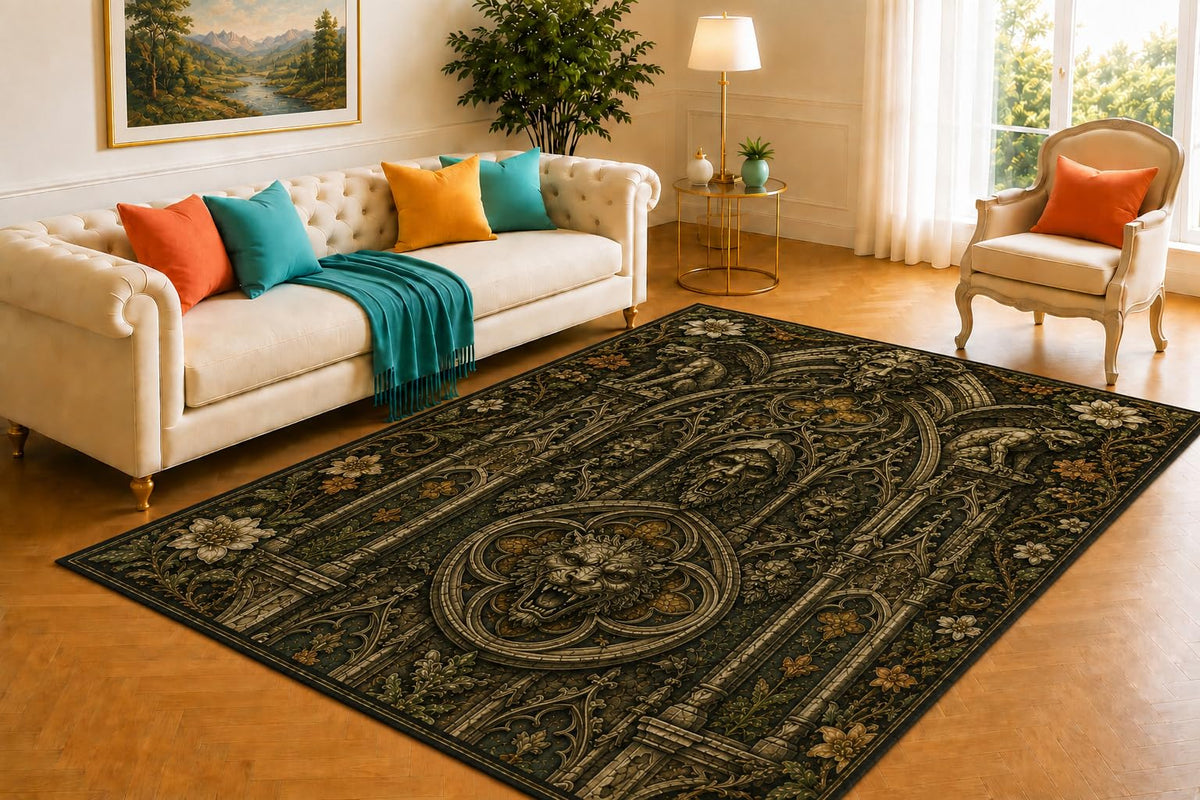 ICE ARMOR 5' x 7' Cathedral Grotesque Rug, Carved Stone Faces, Gargoyles and Ornate Gothic Panels, Smooth Printed Floor Cover for Bedroom, Study, Library and Dark Fantasy Decor
