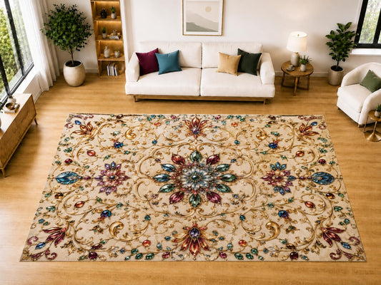 ICE ARMOR "Ultra Light Weight Large 6'7" x 9'10" Jeweled Floral Scroll Area Rug for Living Room, Bedroom, Dining Room, Soft Low Pile Non-Slip Backing, Ivory Emerald Ruby Sapphire Golden