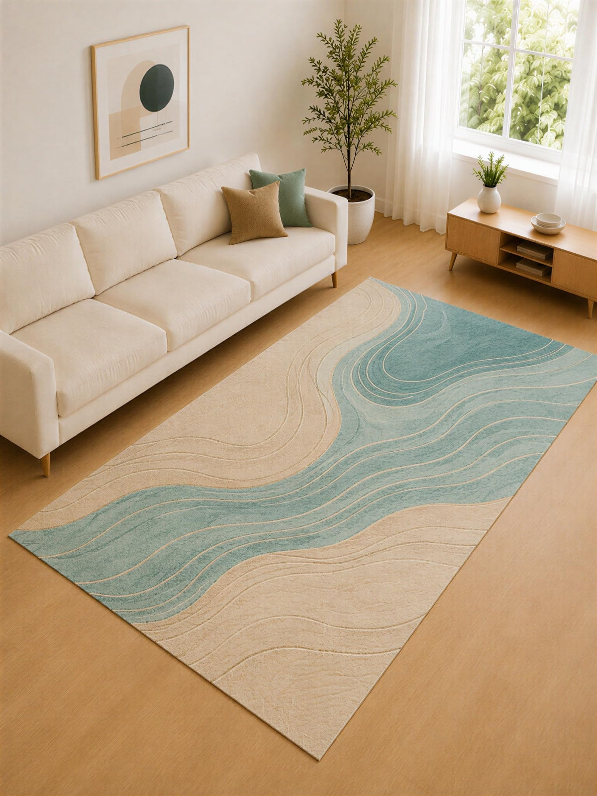 ICE ARMOR Large 6'7" x 9'10" Aqua Blue and Beige Flowing Lines Area Rug for Living Room, Soft Low Pile Carpet with Non-Slip Silicone Backing, Decor for Bedroom and Home Office