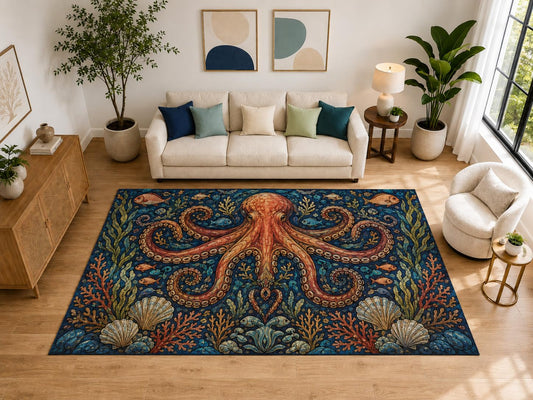 ICE ARMOR "Ultra Light Weight Large 6'7" x 9'10" Ornate Octopus Sea Life Rug for Living Room, Soft Low Pile Indoor Rug and Non-Slip Silicone Backing, Blue