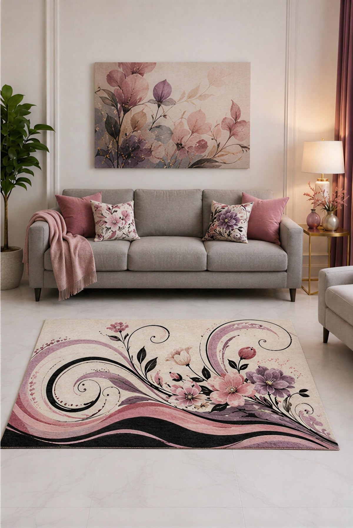 ICE ARMOR "Ultra Lightweight 5' x 7' Purple and Pink Botanical Scroll Area Rug for Living Room, Bedroom and Home Office, Soft Low Pile Carpet with Non-Slip Silicone Backing