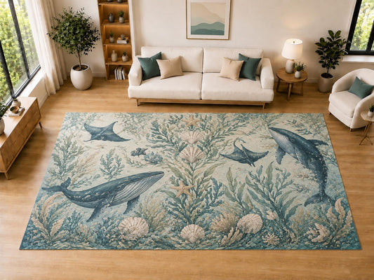 ICE ARMOR "Ultra Light Weight Large 6'7" x 9'10" Whale Coral Garden, Living Room, Bedroom, Dining Room, Office, Family Room, Soft Low Pile Indoor Rug, Non-Slip Silicone Backing, Aqua
