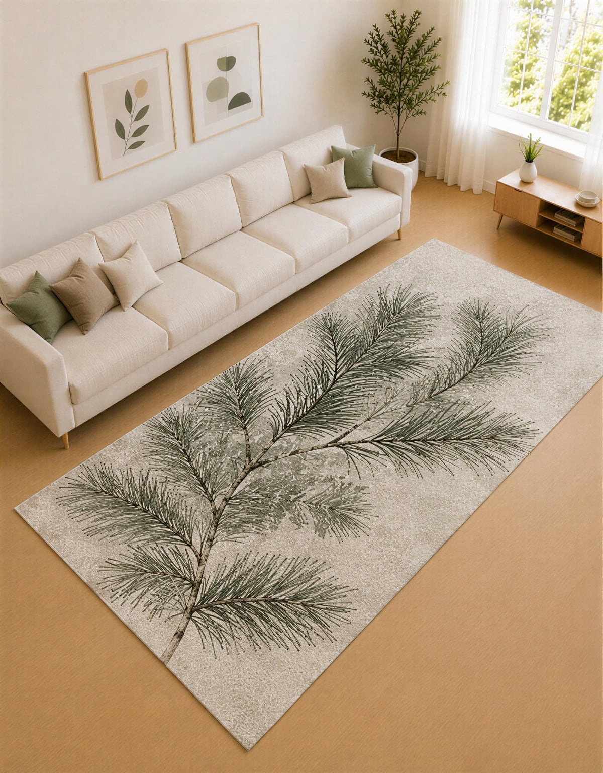 ICE ARMOR Large 6'7" x 9'10" Sage Green and Cream Winter Branches Area Rug for Living Room, Soft Low Pile Carpet with Non-Slip Silicone Backing, Decor for Bedroom and Home Office