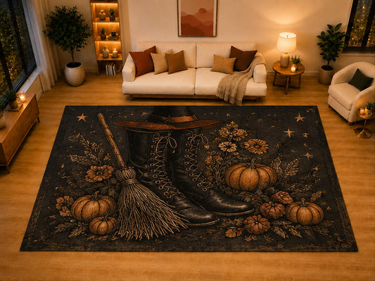 ICE ARMOR "Ultra Light Weight Large 6'7" x 9'10" Witch Boots Broom Pumpkin Area Rug for Living Room Bedroom, Soft Low Pile Non-Slip Backing, Black Orange Vintage Halloween Decor