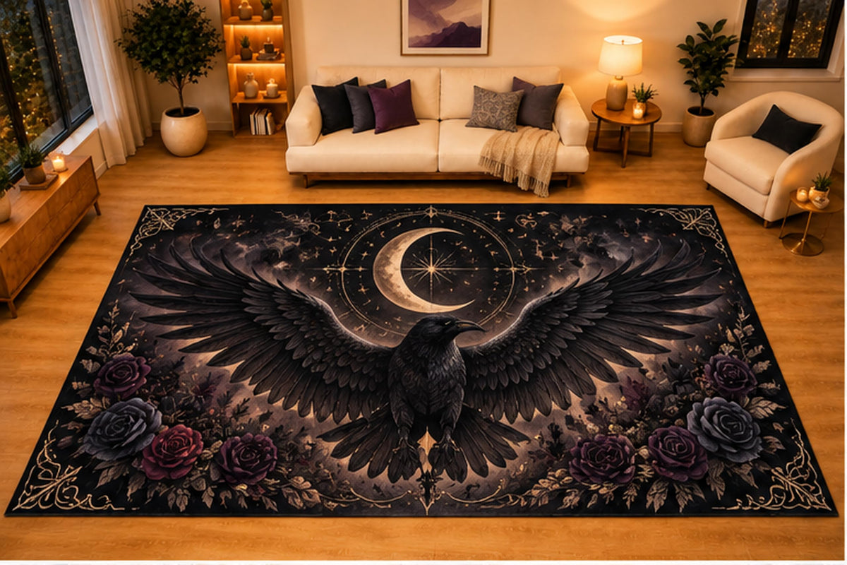 ICE ARMOR "Ultra Light Weight Large 6'7" x 9'10" Raven Crescent Moon Rose Area Rug for Living Room Bedroom, Soft Low Pile Non-Slip Backing, Black Purple Gothic Celestial Decor