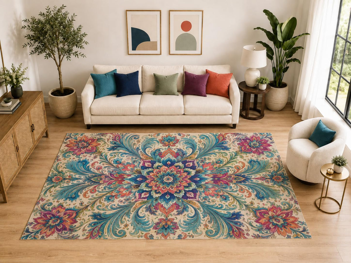 ICE ARMOR "Ultra Light Weight Large 6'7" x 9'10" Boho Floral Medallion Rug, Soft Low Pile Indoor Rug, Non-Slip Silicone Backing for Living Room Beige