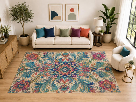 ICE ARMOR "Ultra Light Weight Large 6'7" x 9'10" Boho Floral Medallion Rug, Soft Low Pile Indoor Rug, Non-Slip Silicone Backing for Living Room Beige