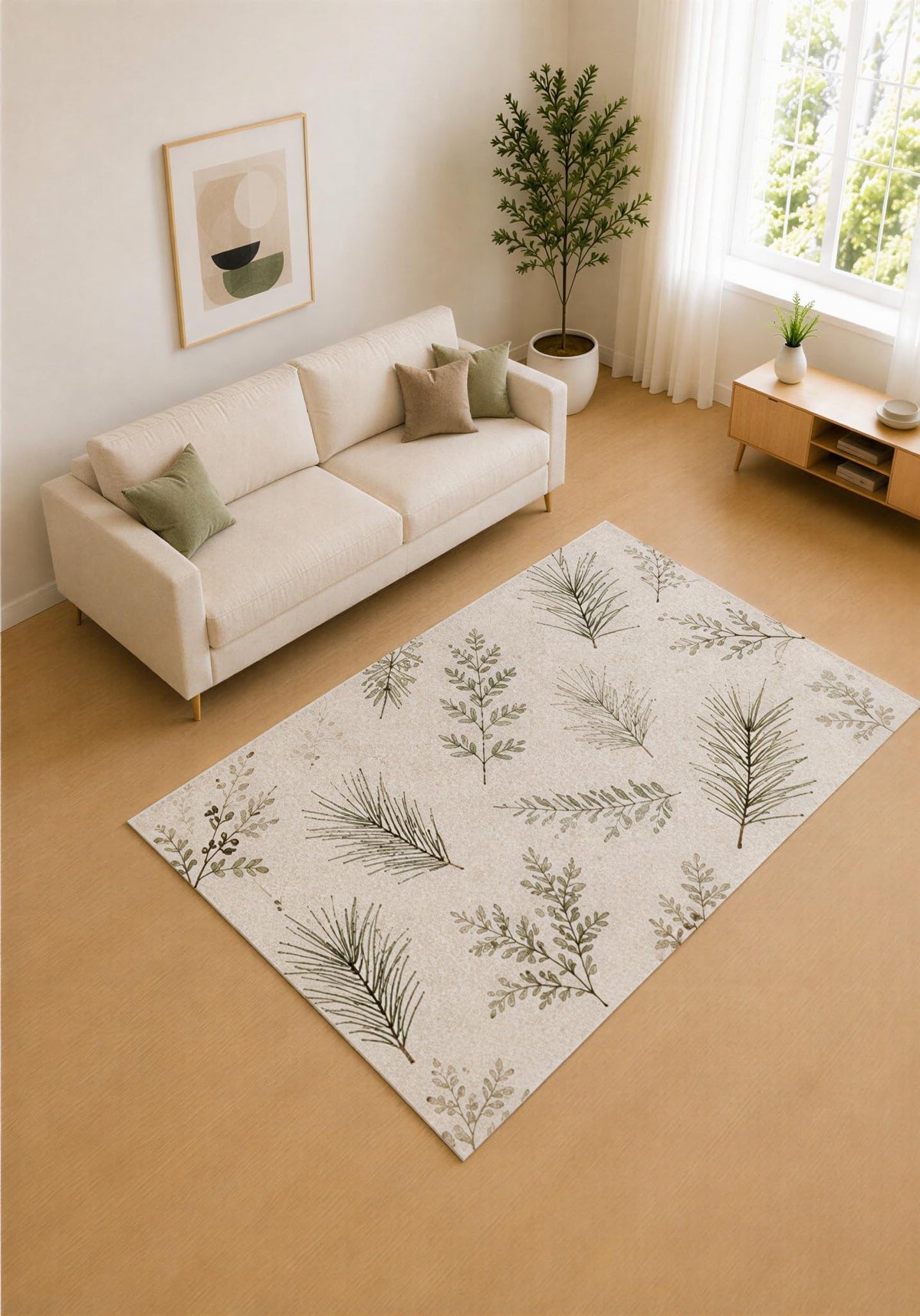 ICE ARMOR 5' x 7' Olive Green and Cream Pine Sprigs Area Rug for Living Room, Soft Low Pile Carpet with Non-Slip Silicone Backing, Decor for Bedroom and Home Office