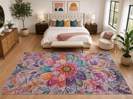 ICE ARMOR "Ultra Light Weight Large 6'7" x 9'10" Pastel Floral Mandala Rug, Soft Low Pile Indoor Rug, Non-Slip Silicone Backing for Bedroom Lavender