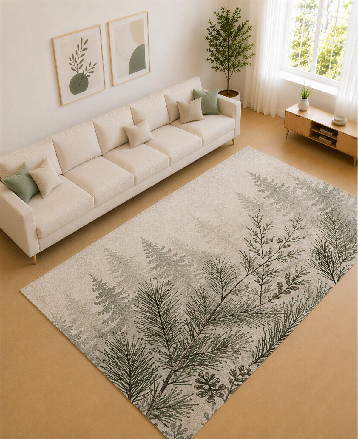ICE ARMOR Large 6'7" x 9'10" Olive Green and Ivory Woodland Ferns Area Rug for Living Room, Soft Low Pile Carpet with Non-Slip Silicone Backing, Decor for Bedroom and Home Office